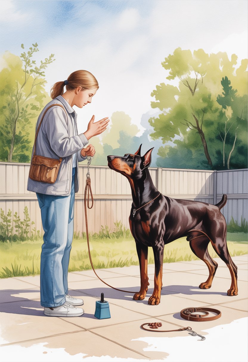 A calm Doberman standing attentively next to a trainer in a fenced yard with training tools nearby.