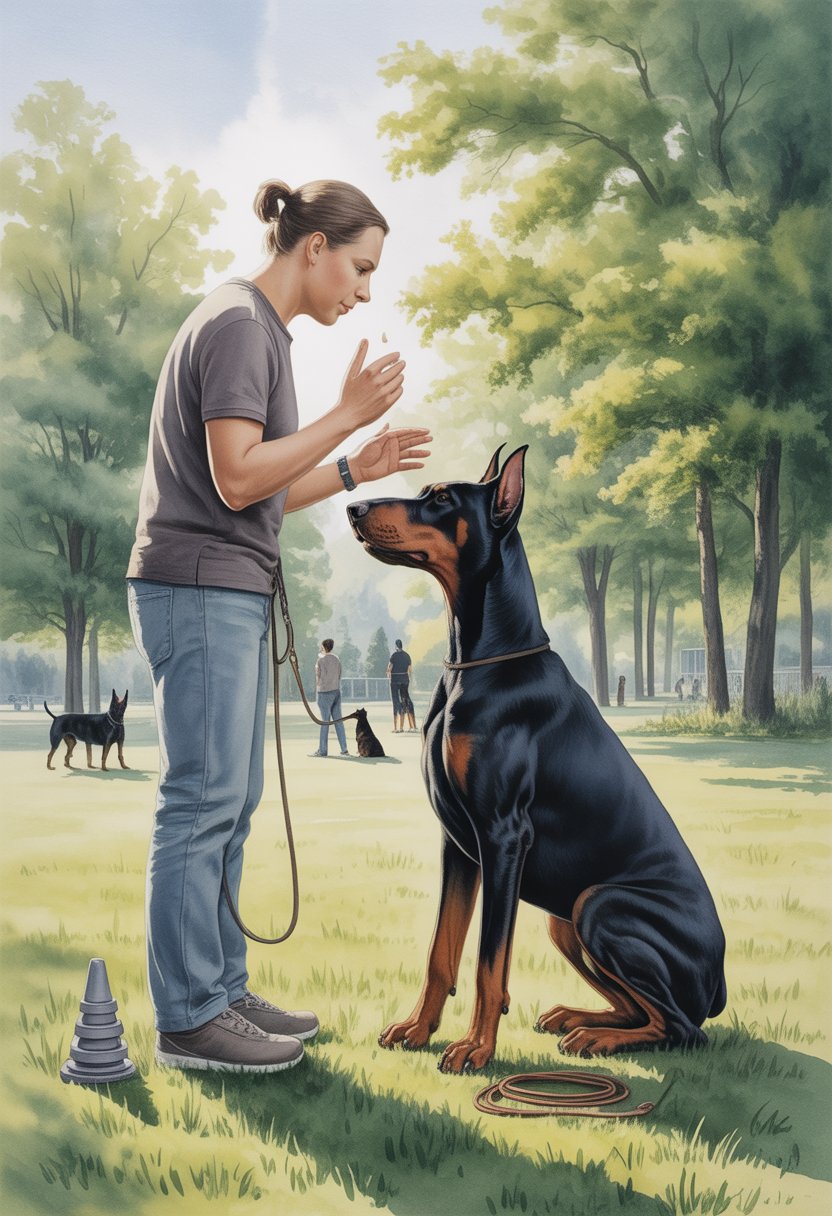 A Doberman sits attentively in a park while its owner gives training commands using hand signals, surrounded by training tools and trees.