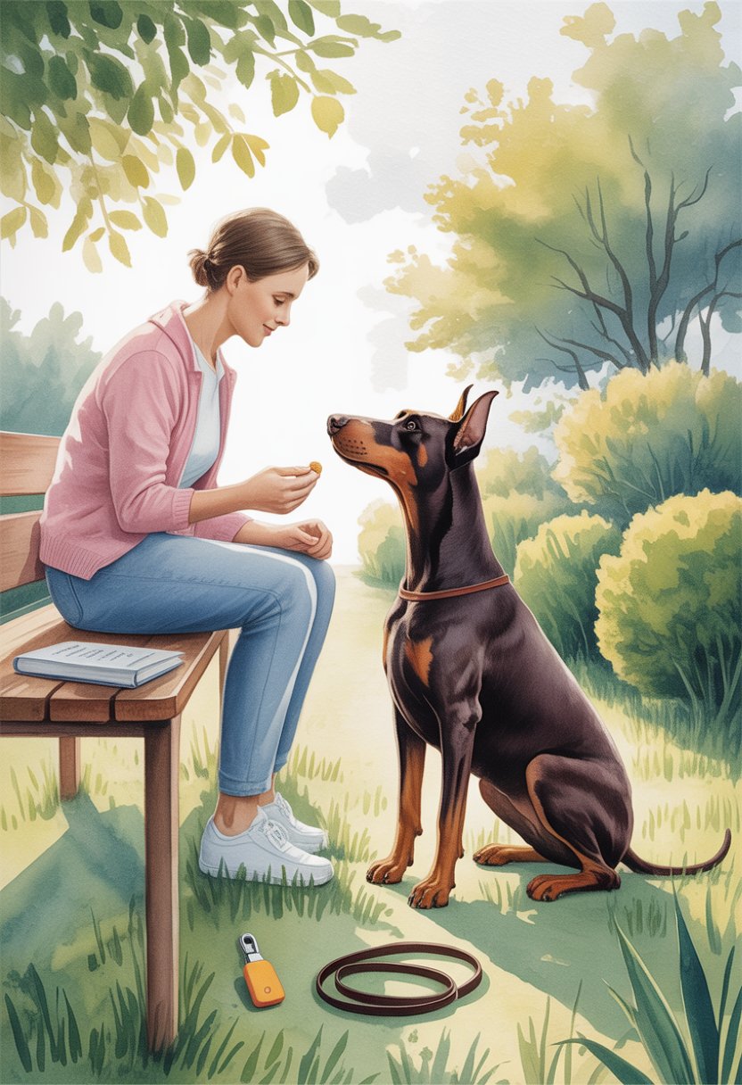 A Doberman sitting attentively next to its owner in a garden, with training tools nearby, showing a calm and focused moment between them.