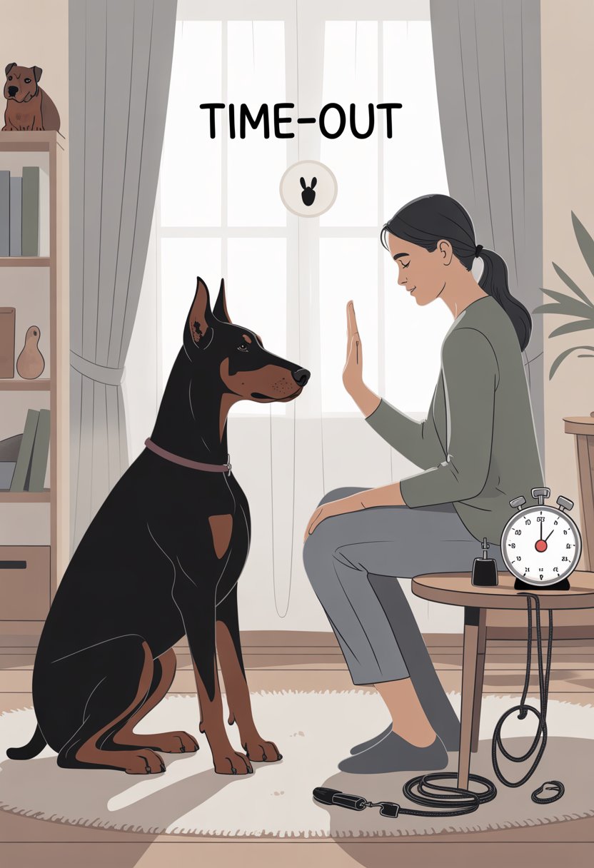 A Doberman dog sitting calmly in a living room while a trainer gestures to signal a time-out during training.