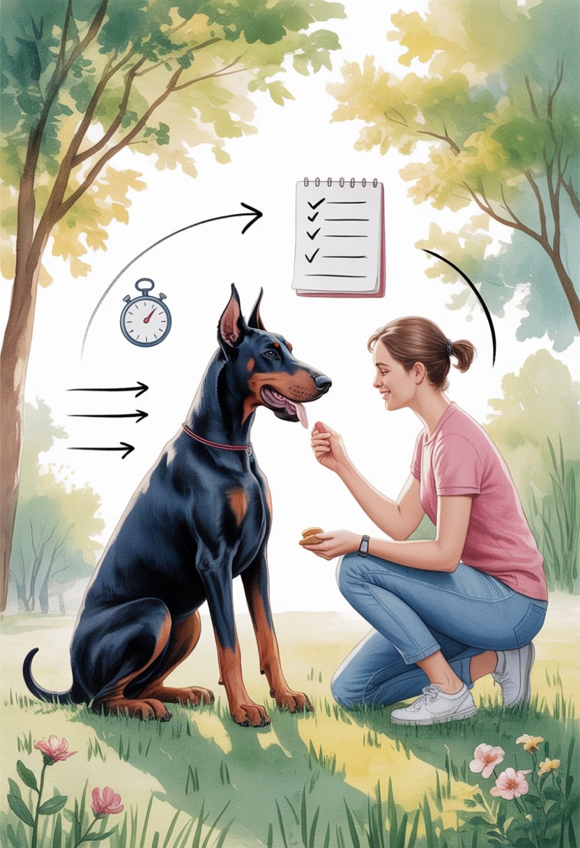 A Doberman dog sitting attentively in a park while its owner holds a treat during a training session.