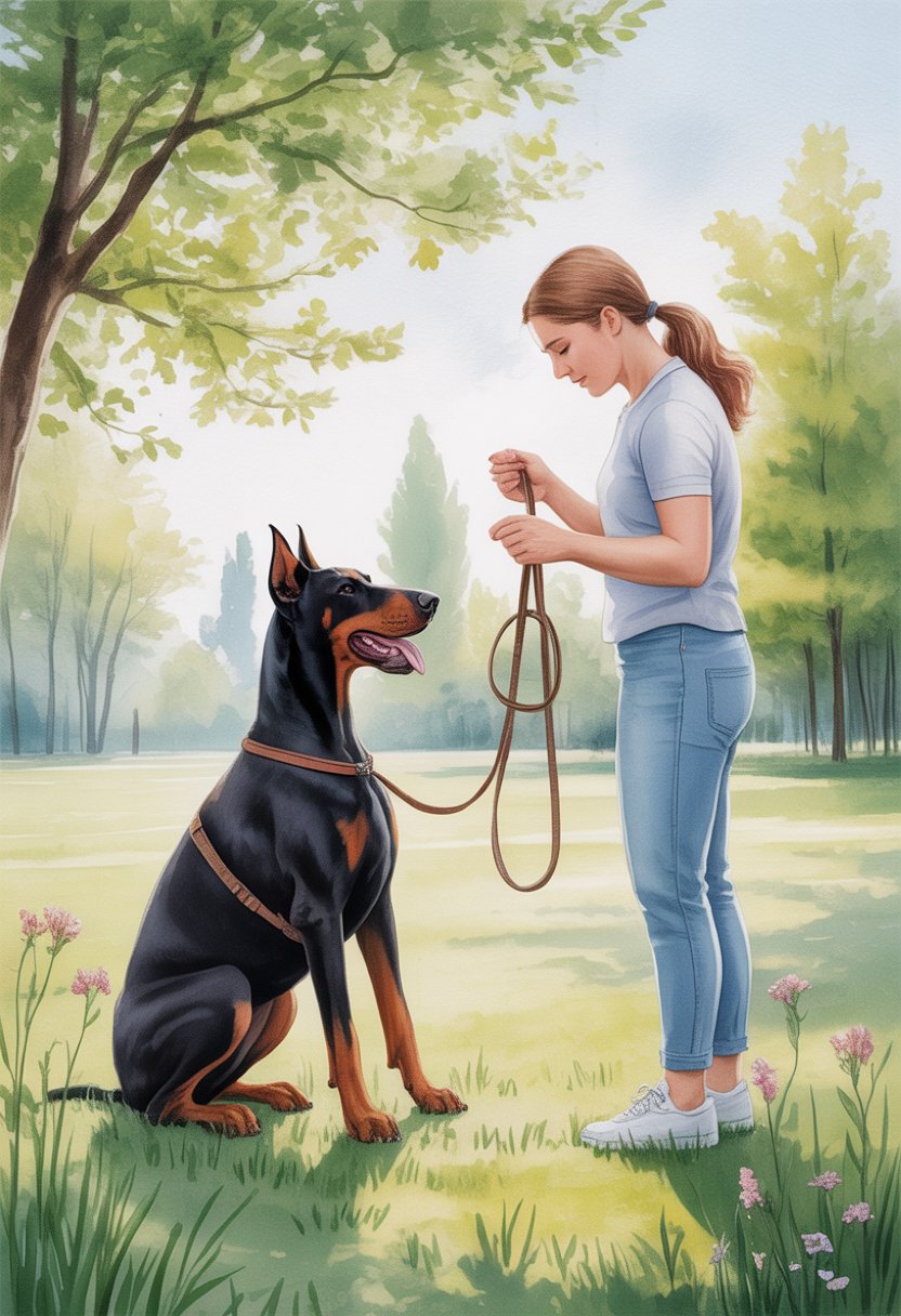 A Doberman dog sitting attentively next to a calm trainer in a peaceful park with trees and grass.