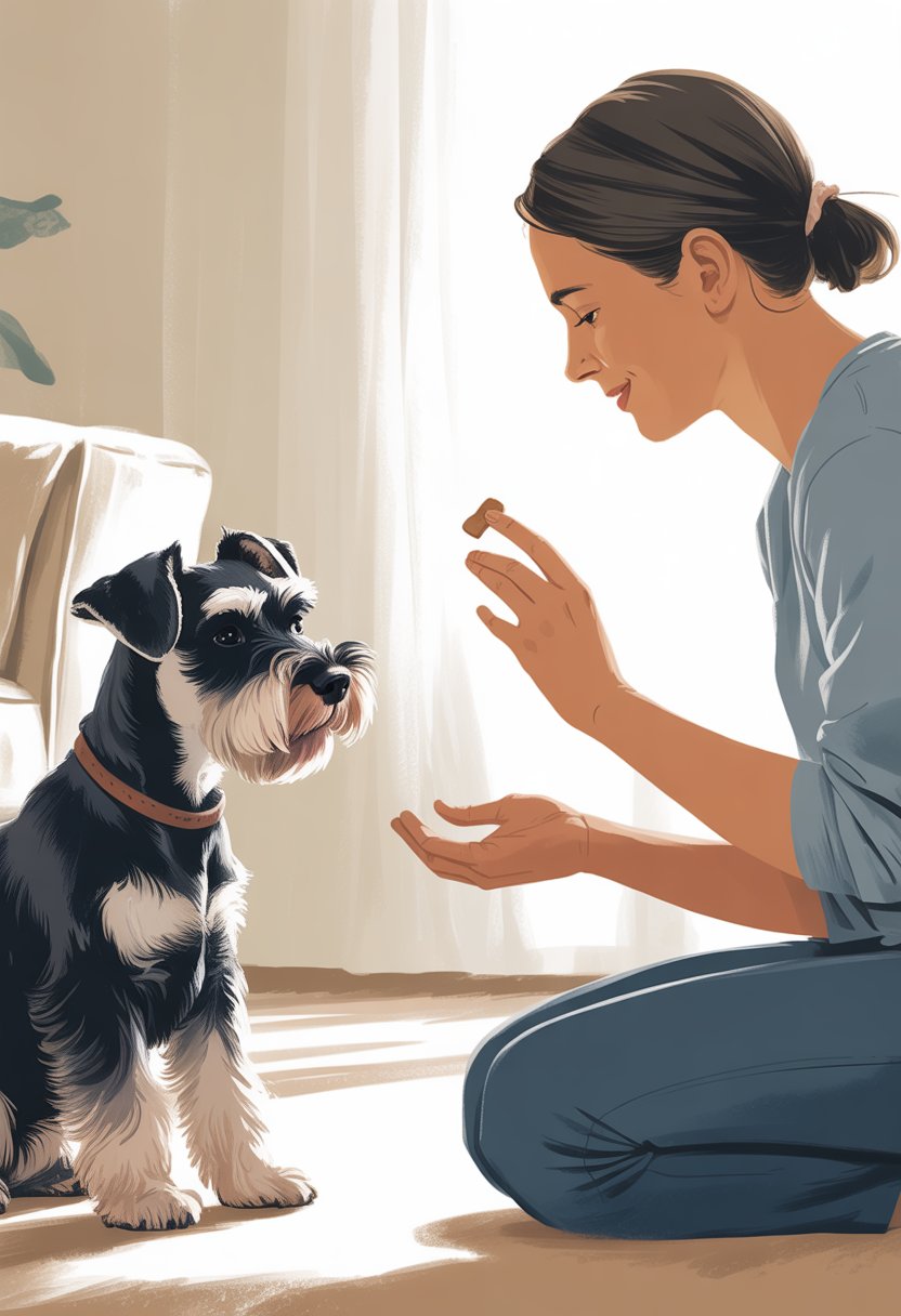 A person gently training a Miniature Schnauzer dog with treats and hand signals in a calm home setting.