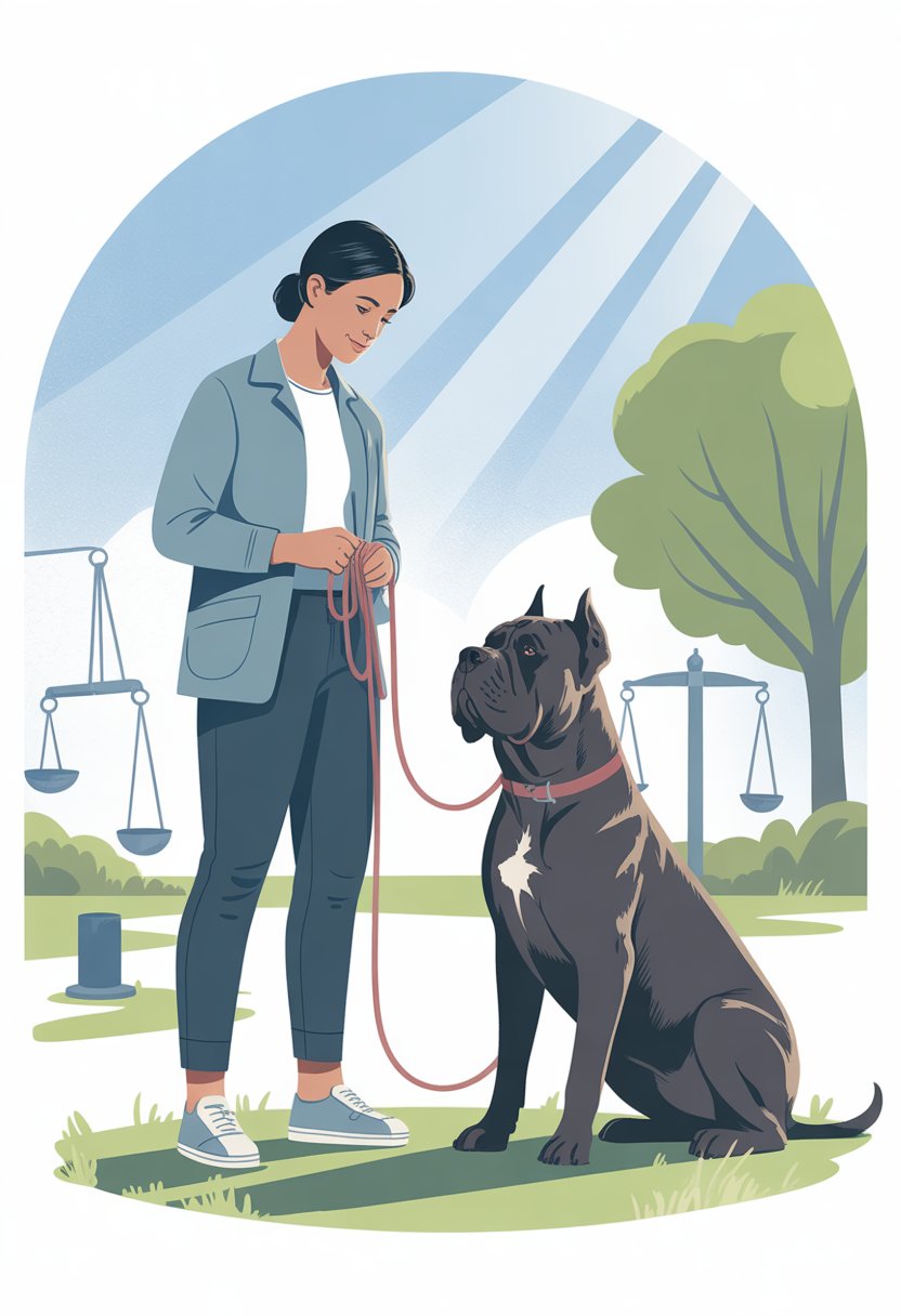 A calm and confident dog trainer guiding an attentive Cane Corso sitting obediently in a peaceful park.