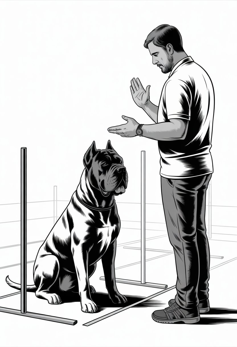 A Cane Corso dog sitting attentively next to a dog trainer who is giving hand signals in an outdoor training area with marked boundaries.
