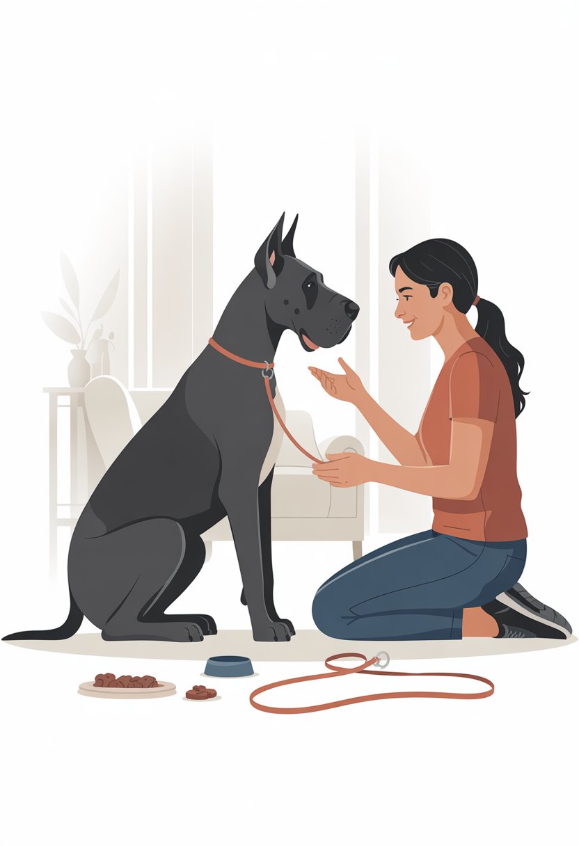 A person gently training a calm Great Dane dog indoors, with the dog sitting attentively and the trainer using kind hand gestures.