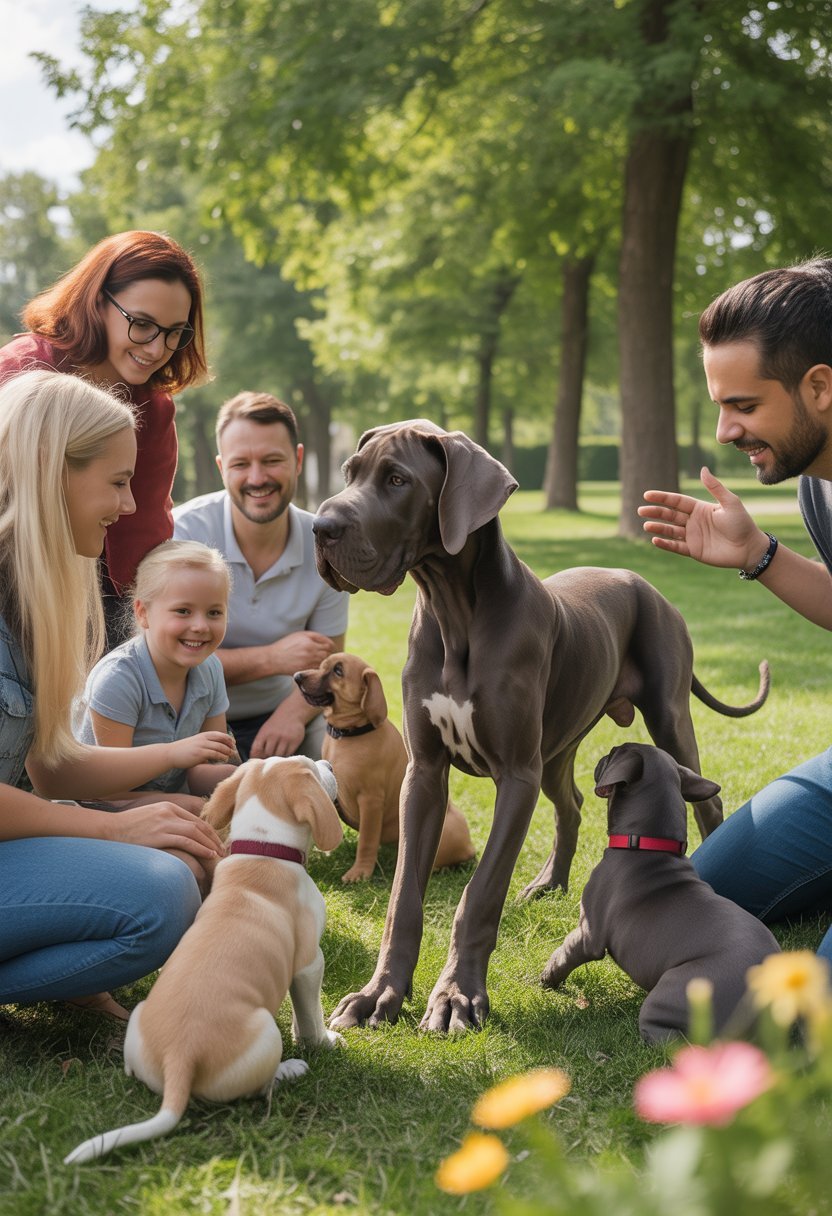 A Great Dane puppy calmly interacting with people and other dogs in a sunny park, guided by a dog trainer.