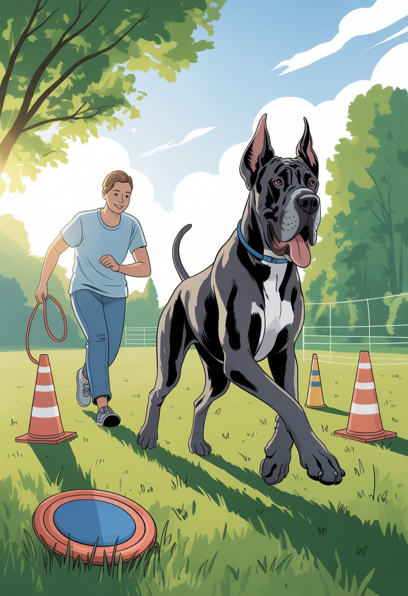 A Great Dane running in a park with a person calmly guiding it during exercise.