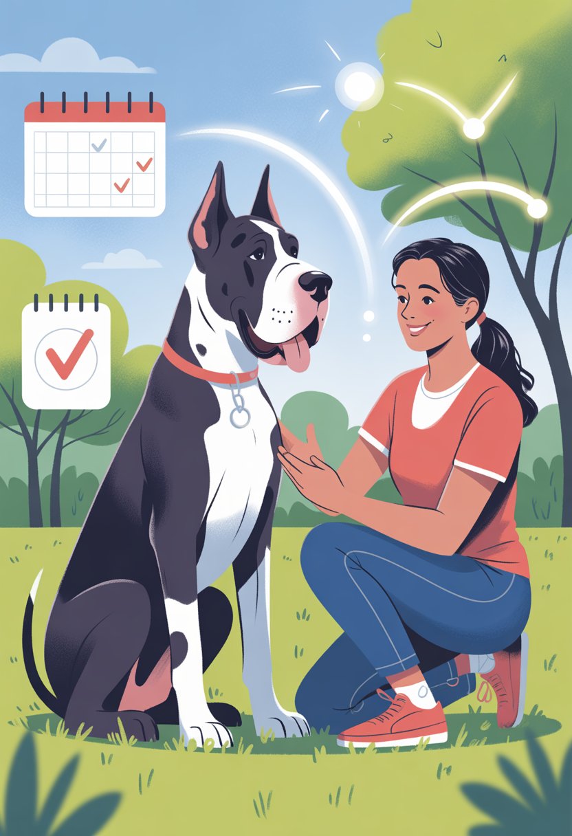 A person gently training a calm Great Dane dog sitting in a sunny park with trees and grass.
