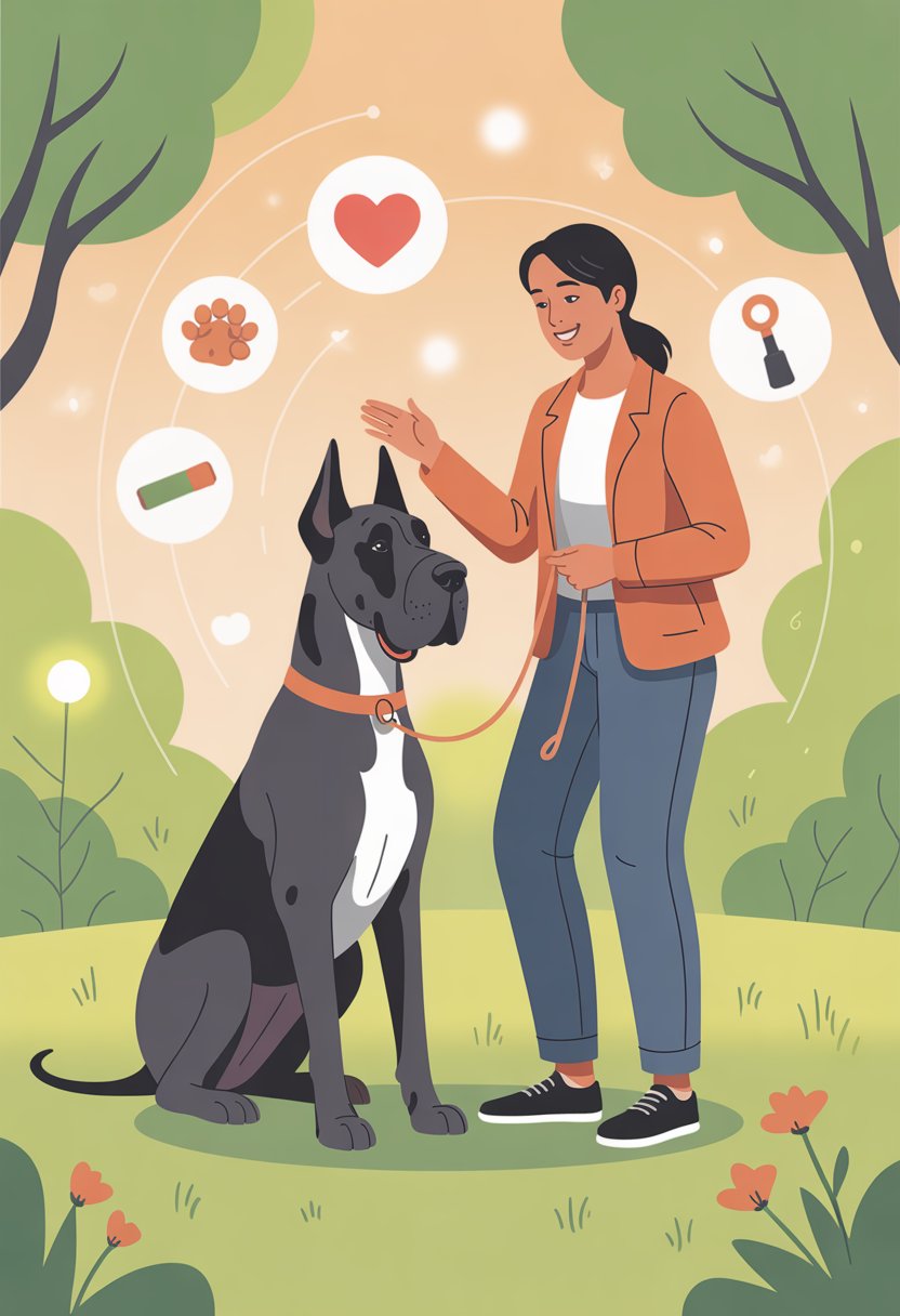A calm Great Dane sitting attentively next to a gentle trainer outdoors, showing a peaceful and caring interaction.
