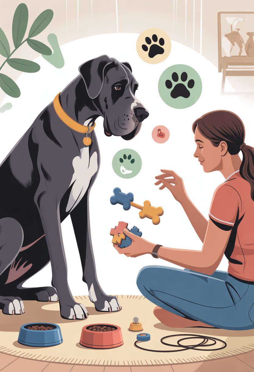 A Great Dane dog sitting attentively while its owner uses puzzle toys to engage the dog in mental stimulation games inside a cozy room.