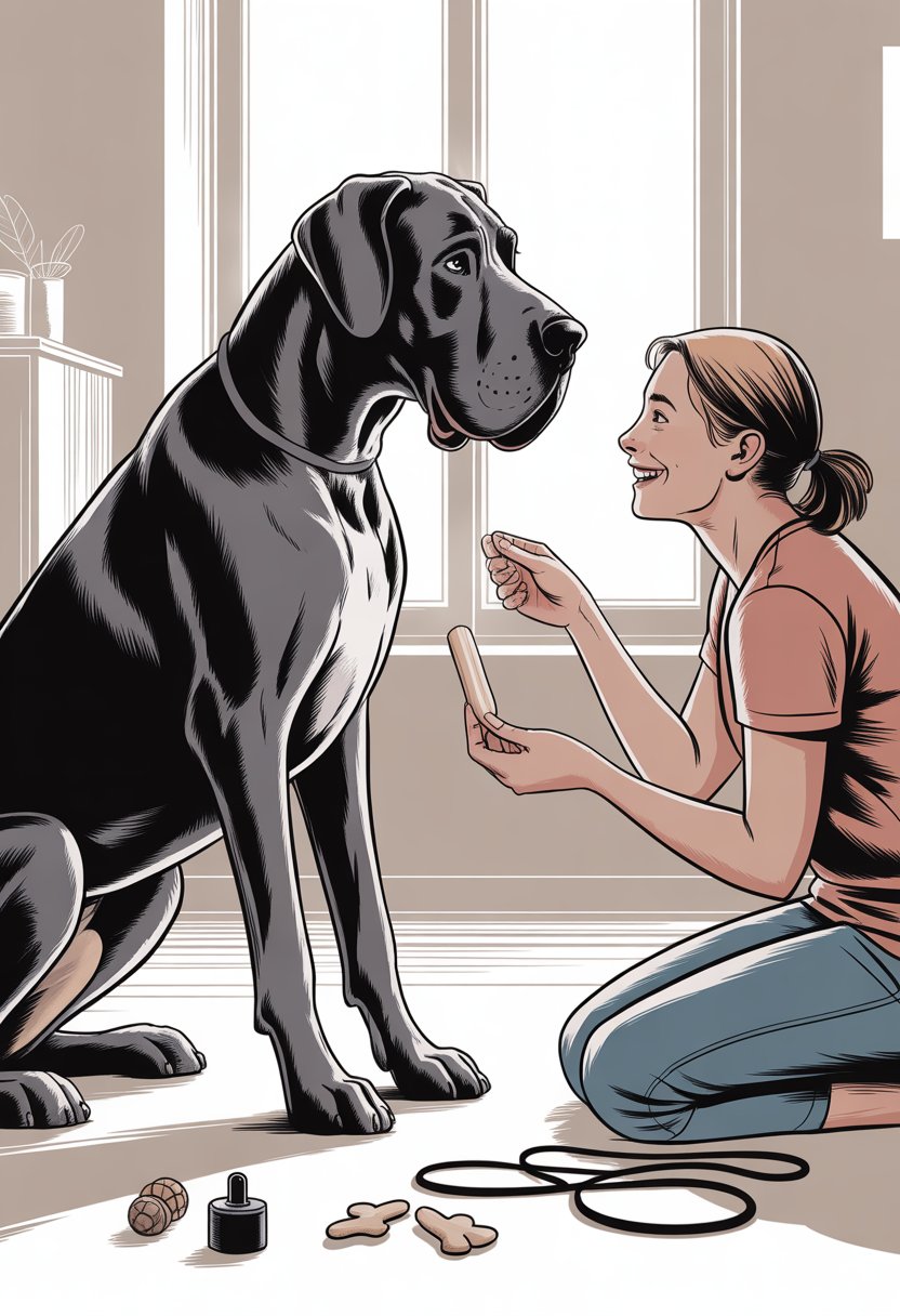 A person kneeling and offering a treat to a calm Great Dane sitting beside them in a cozy living room.