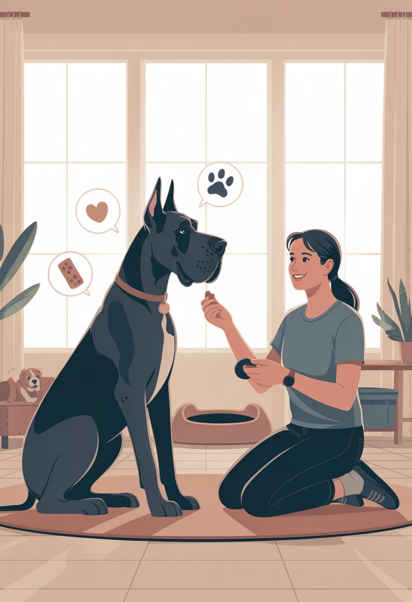 A person gently training a large Great Dane indoors, offering a treat while the dog sits attentively on a mat in a bright, cozy room.
