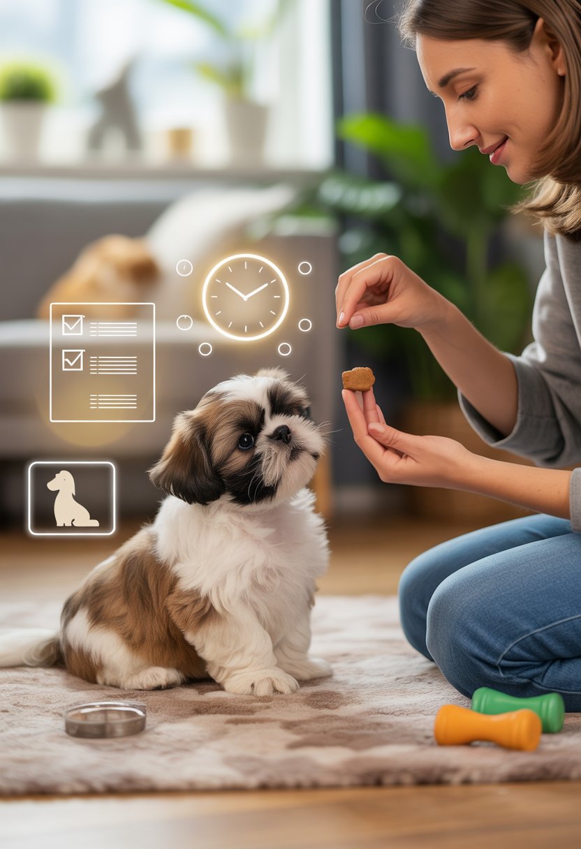 A person patiently training a Shih Tzu puppy indoors with a treat, surrounded by symbols of progress and calmness.