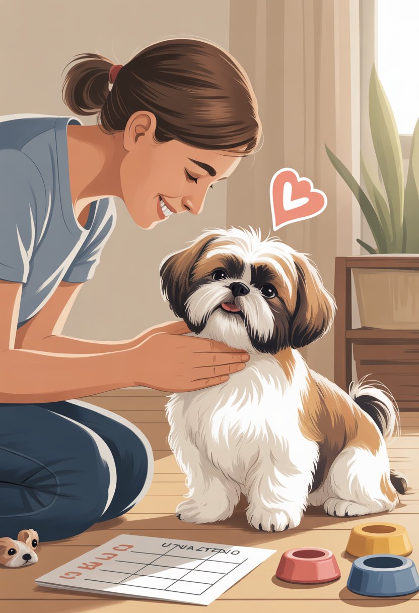 A person gently praising and petting a small Shih Tzu dog that is sitting obediently in a cozy home setting.