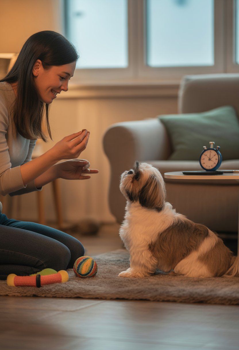 A person kneeling on a rug training a small Shih Tzu dog indoors with toys nearby.