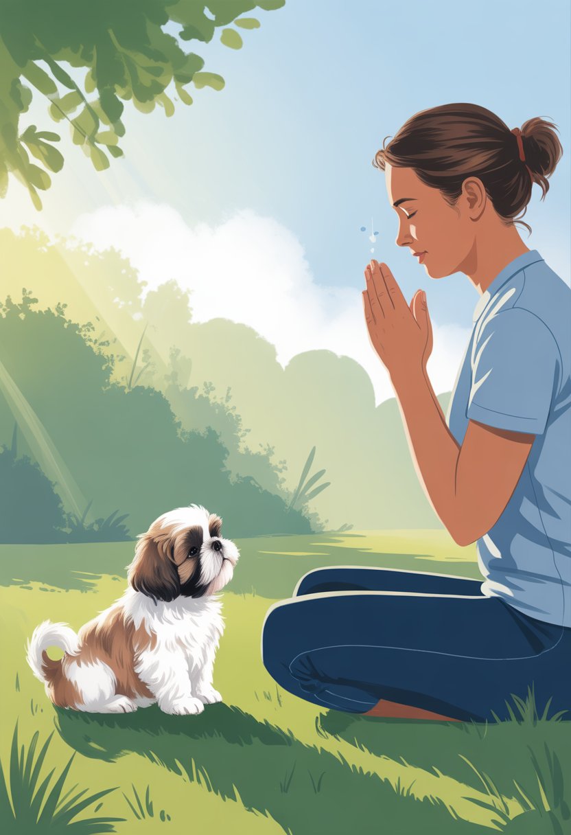 A person practicing deep breathing outdoors while a Shih Tzu puppy sits patiently nearby in a peaceful park.