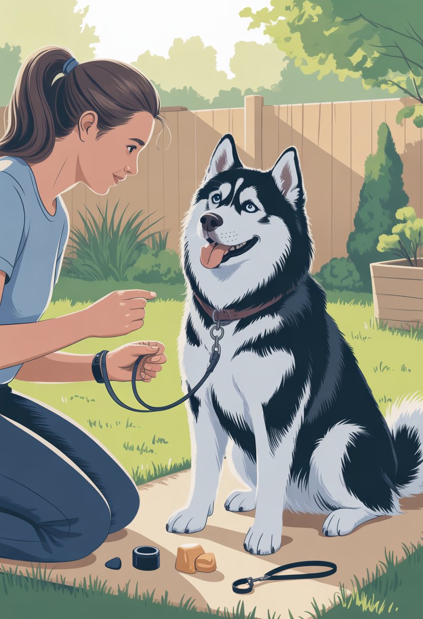 A Siberian Husky sitting attentively in a backyard while its owner gives training commands using hand signals.