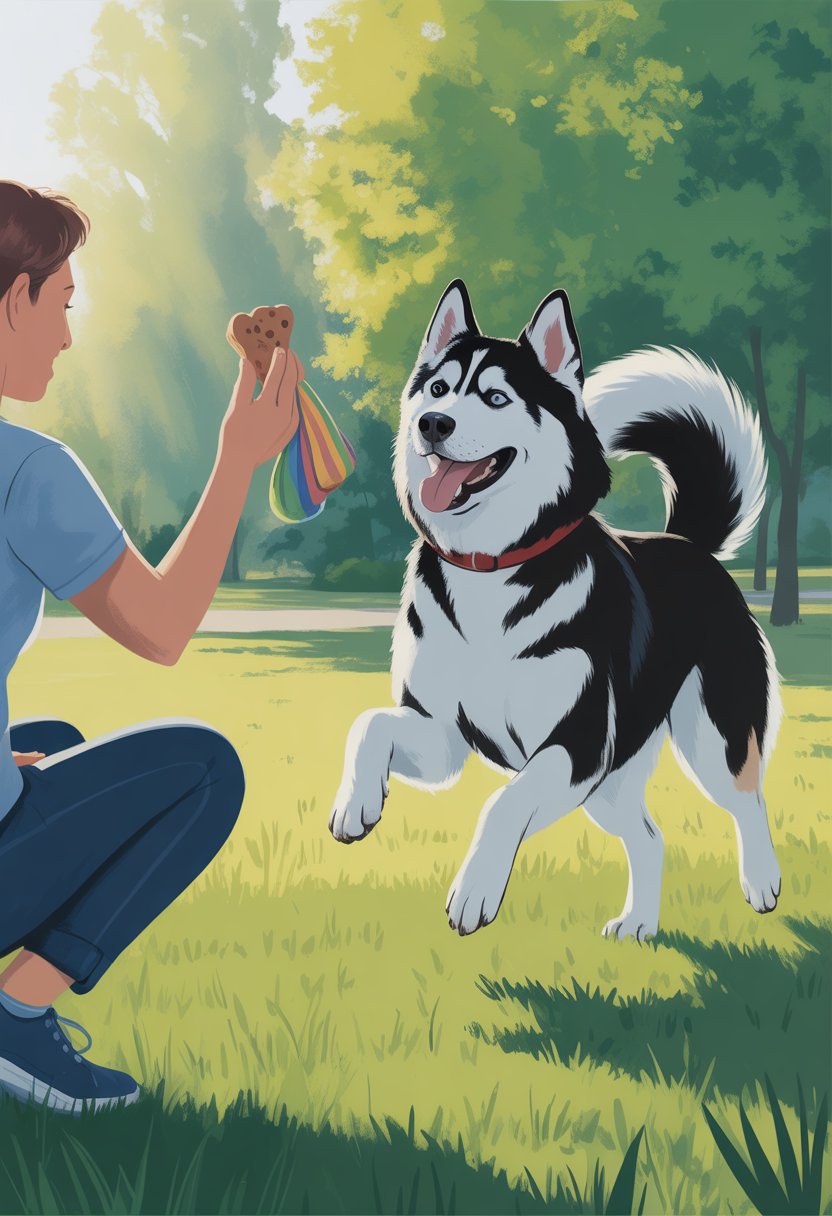 A Siberian Husky happily approaches a person holding a treat and toy in a sunny park during training.