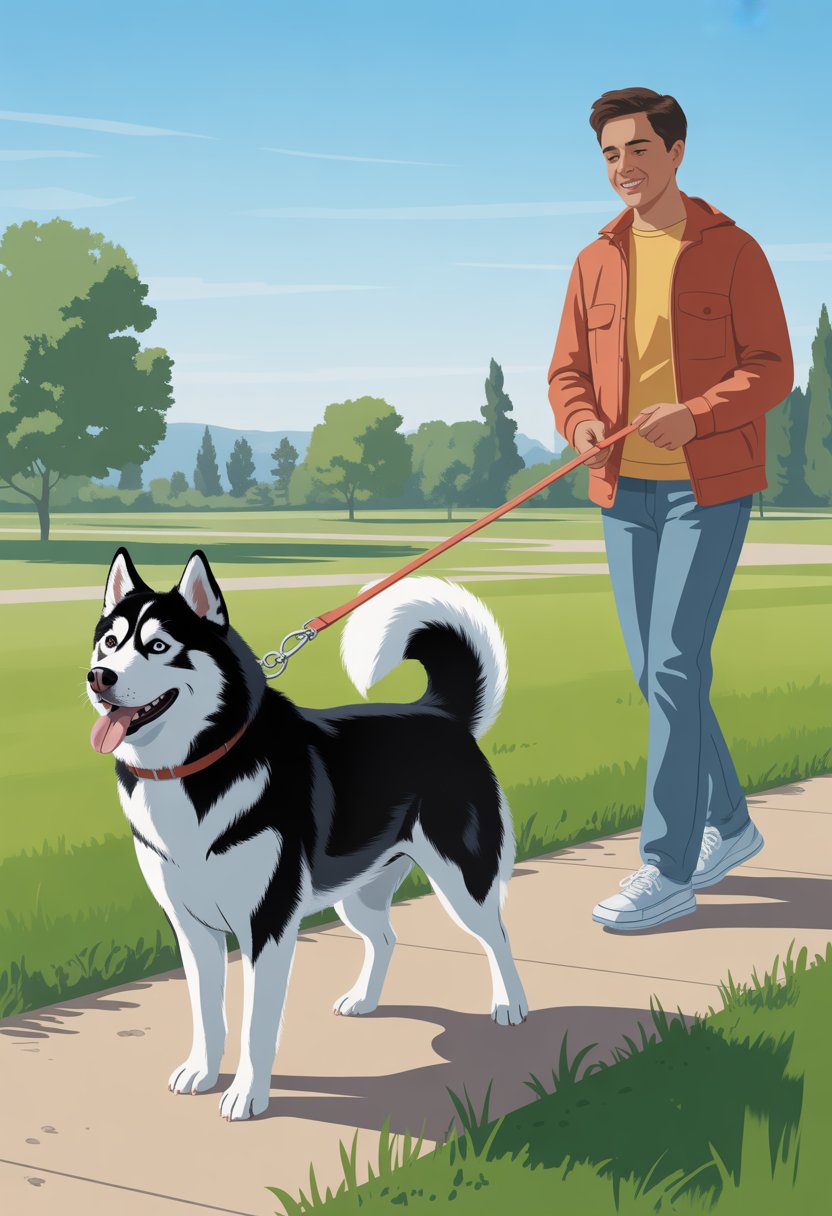 A Siberian Husky on a long leash outdoors in a park, with its owner encouraging it to come back.