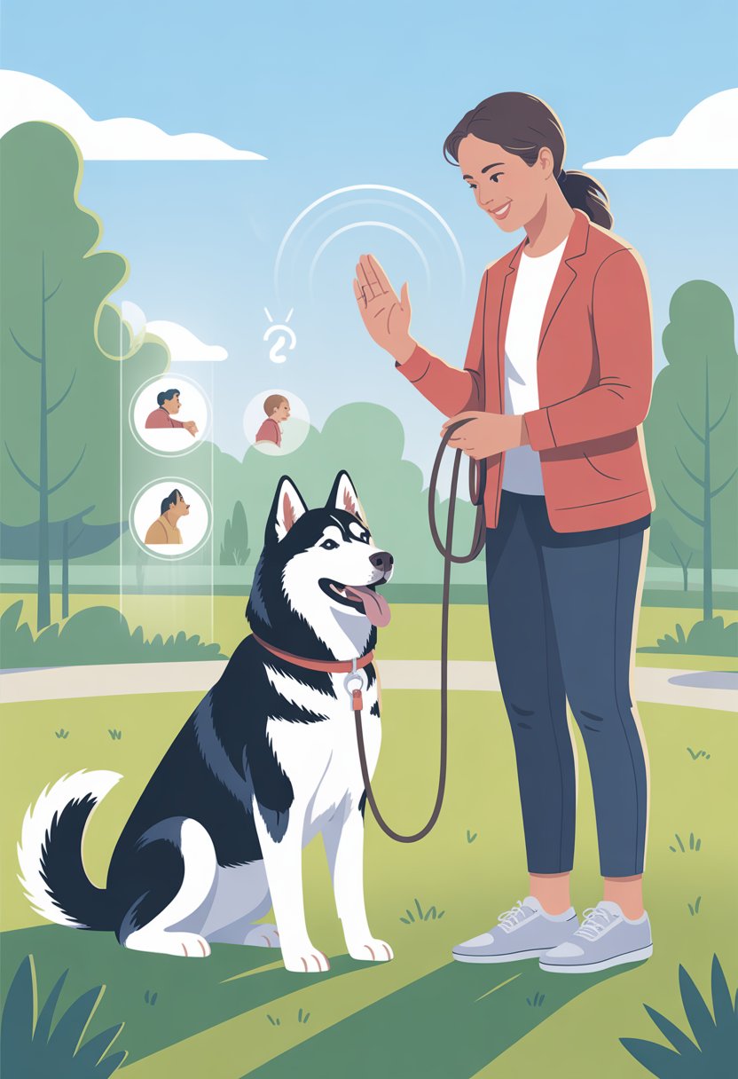 A Siberian Husky sitting attentively next to its owner in a park with green grass and trees.