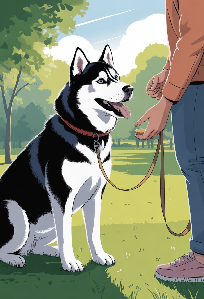 A person touching a Siberian Husky's collar outdoors while the dog attentively looks at them.