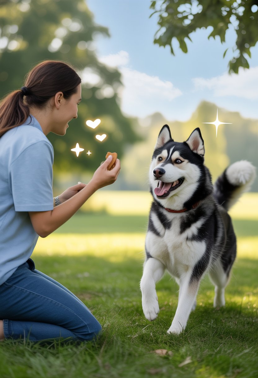 A Siberian Husky happily running towards its smiling owner who is holding a treat in a sunny park.