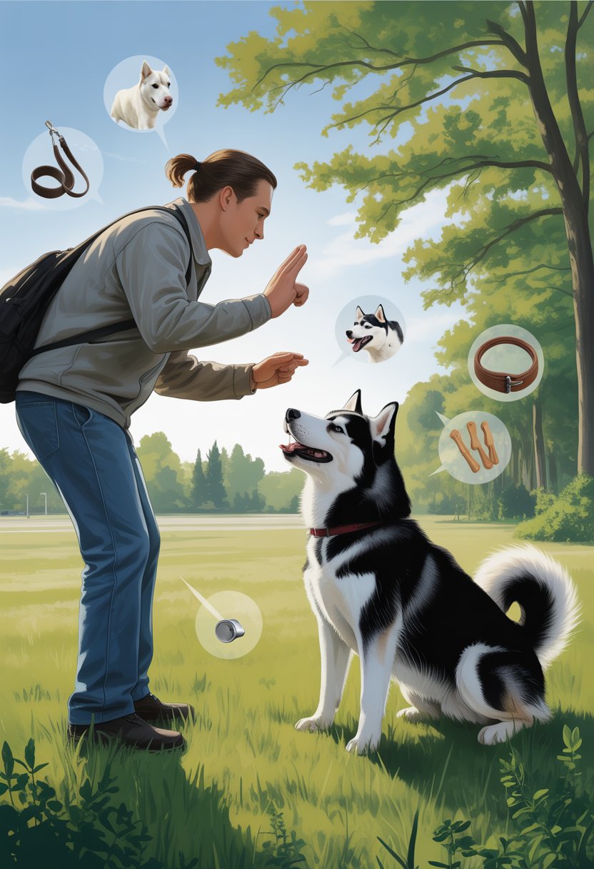 A person kneeling outdoors signaling a Siberian Husky to come in a park setting with green grass and trees.