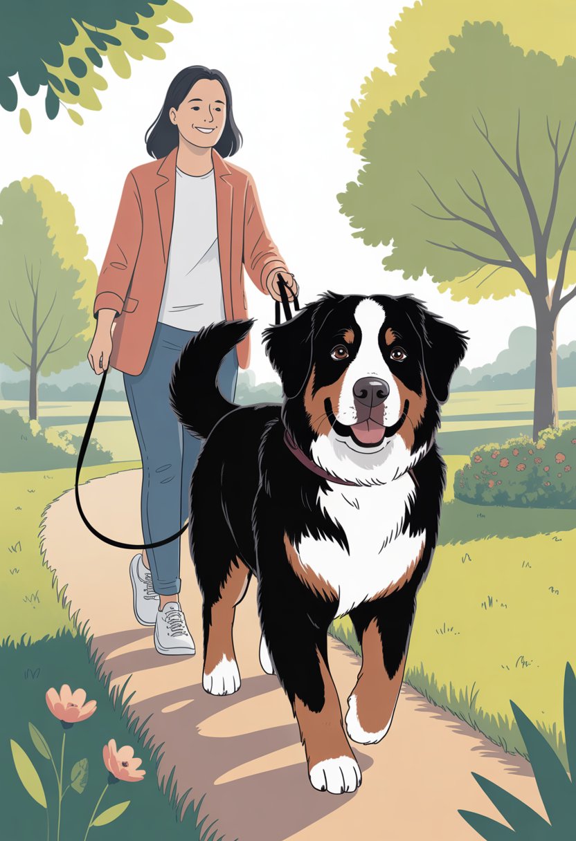 A Bernese Mountain Dog calmly walking with its owner through a peaceful outdoor area that transitions from a backyard to a park.