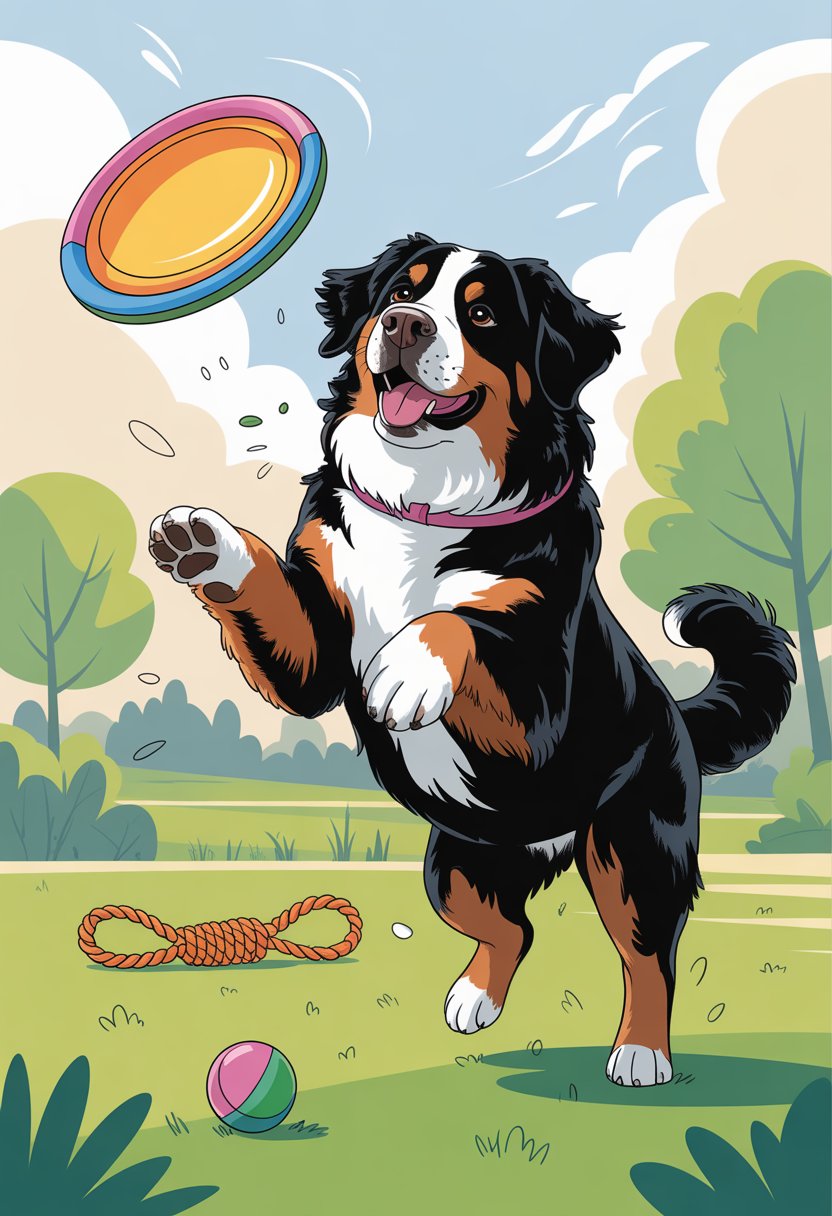 A Bernese Mountain Dog catching a frisbee in a sunny park with toys scattered nearby.