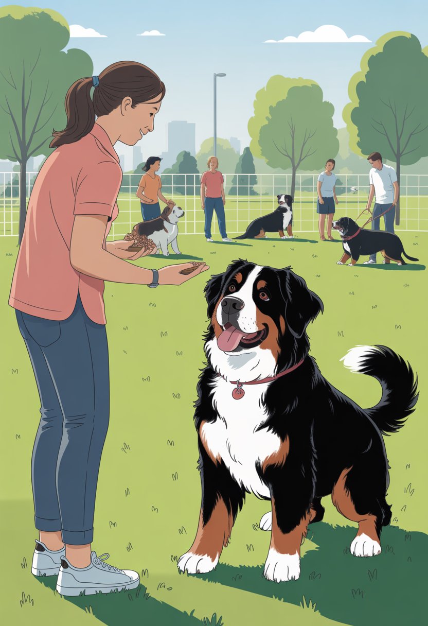 A Bernese Mountain Dog attentively following a trainer's commands in an outdoor obedience class with other dogs and owners nearby.