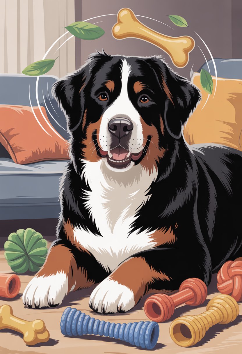 A Bernese Mountain Dog calmly chewing on a toy in a cozy indoor space surrounded by various safe chew toys.