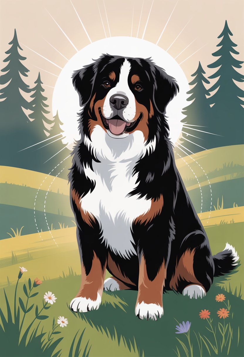 A Bernese Mountain Dog standing confidently on a grassy hill surrounded by trees and wildflowers in a peaceful outdoor setting.
