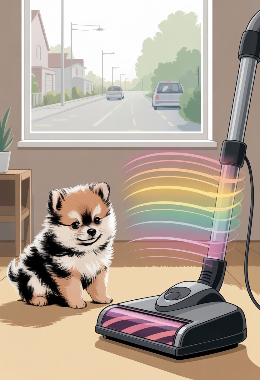 A Pomeranian puppy sitting calmly near a vacuum cleaner with sound waves around it, and a window showing cars passing by outside.
