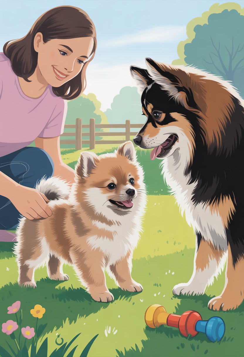 A young Pomeranian puppy playing calmly with a friendly dog in a sunny park while an adult watches nearby.