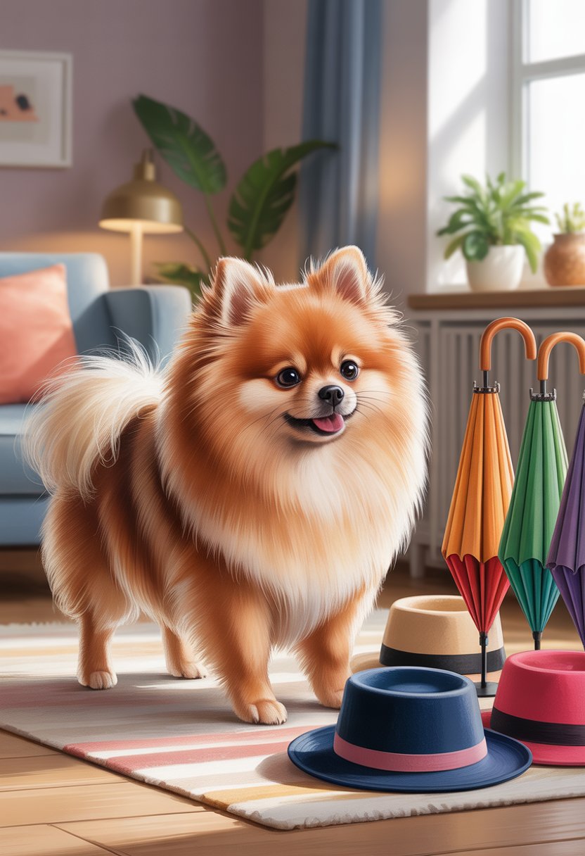 A Pomeranian dog calmly exploring umbrellas and hats in a cozy indoor setting.