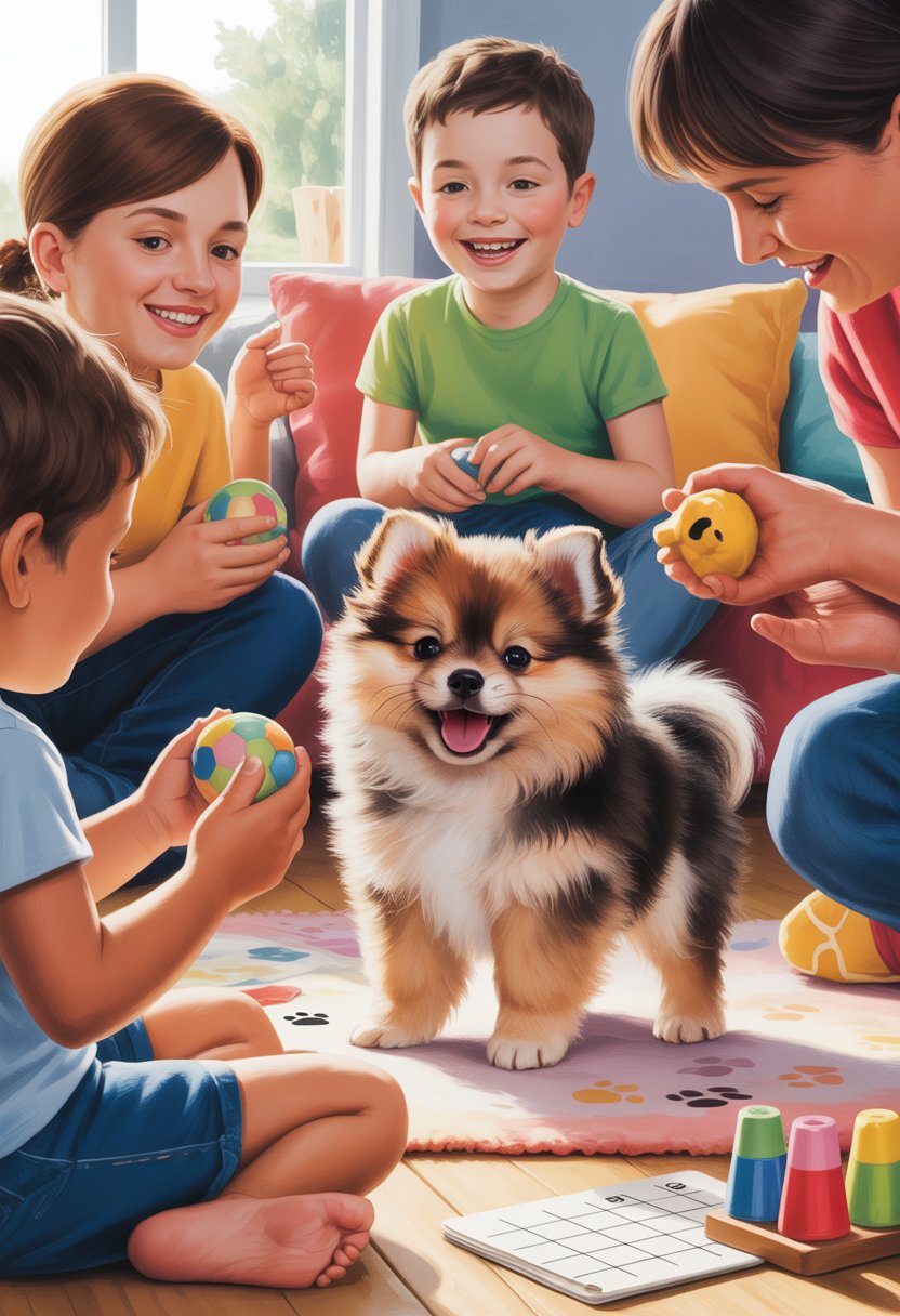A happy Pomeranian puppy playing with a child and an adult in a bright, cozy room with toys and sunlight.