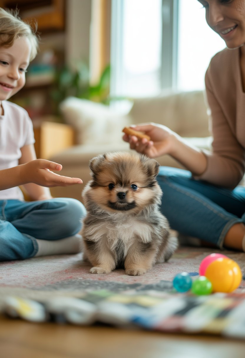 A small Pomeranian puppy sitting calmly on a rug with a child and an adult nearby in a cozy living room.