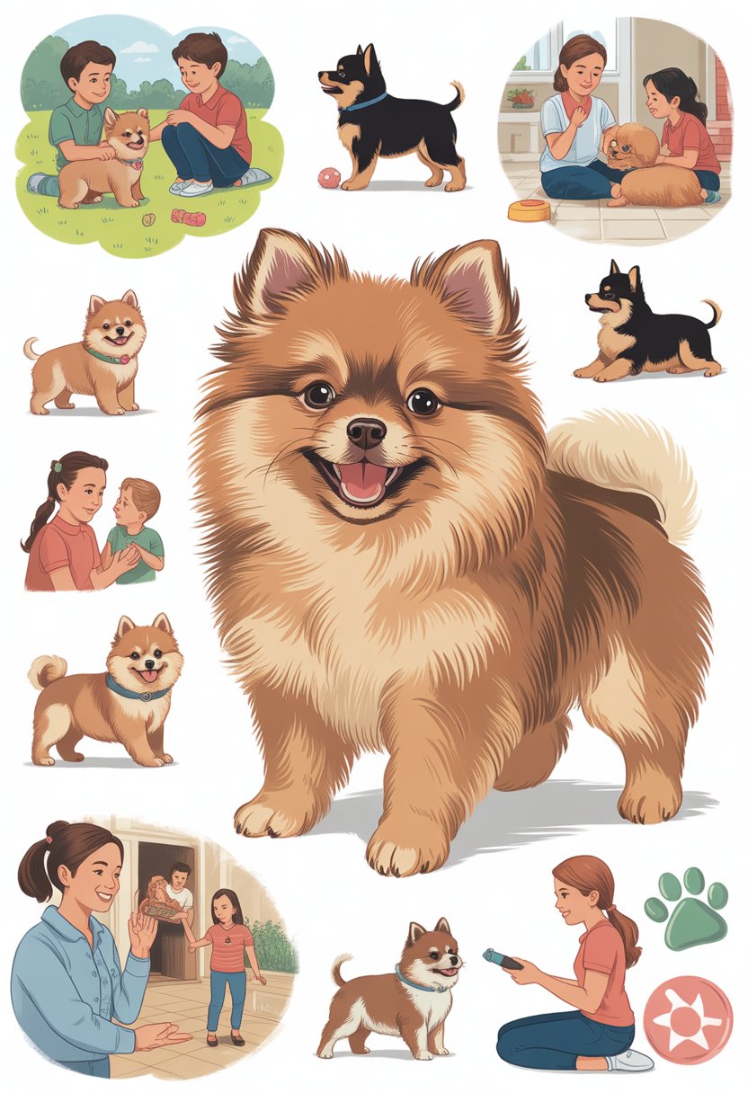 A happy Pomeranian puppy interacting with children, other dogs, and a friendly owner in a park and home setting, showing early socialization activities.