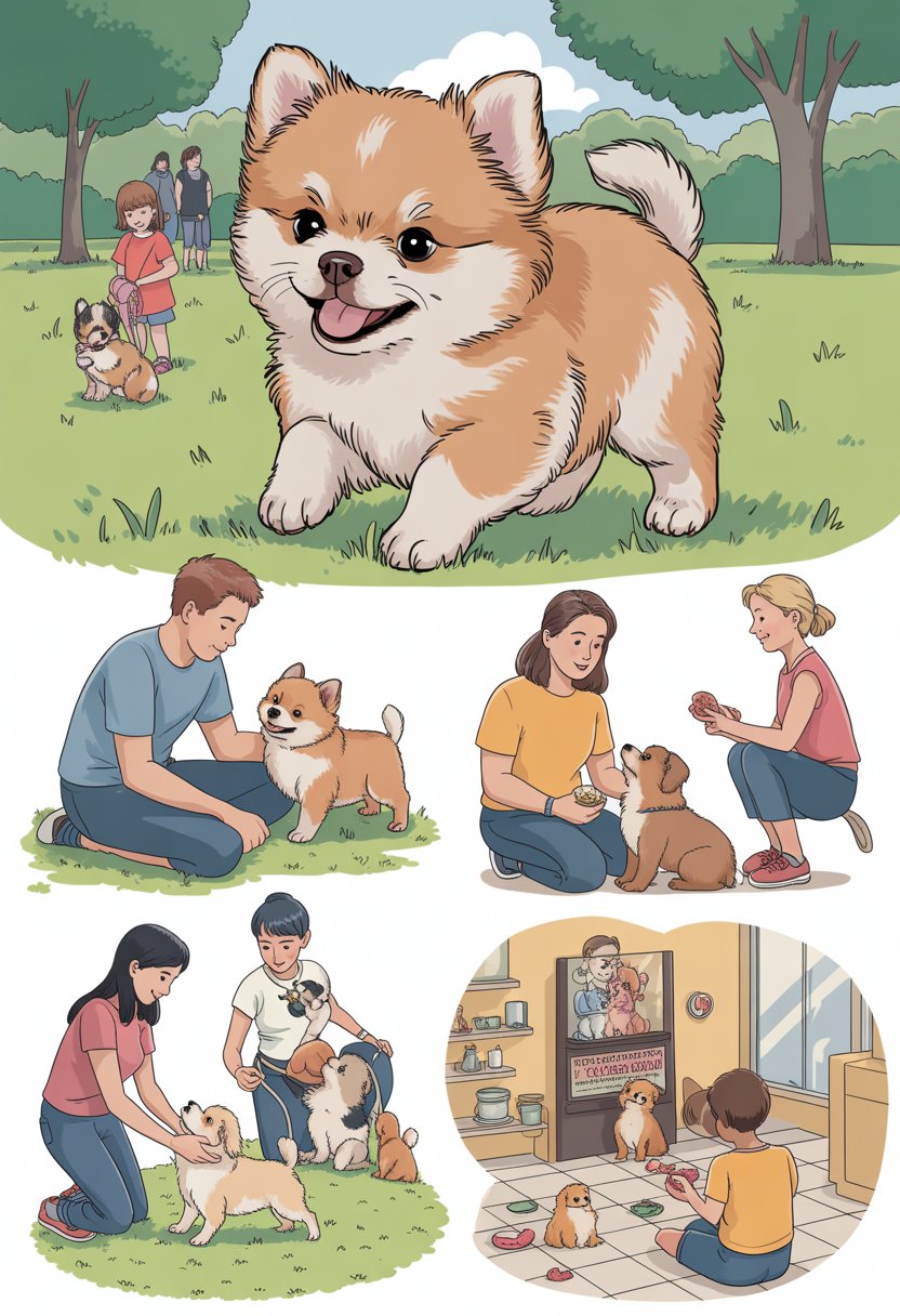 A friendly Pomeranian puppy interacting with people and other dogs in various social settings like a park, café, and indoor space.