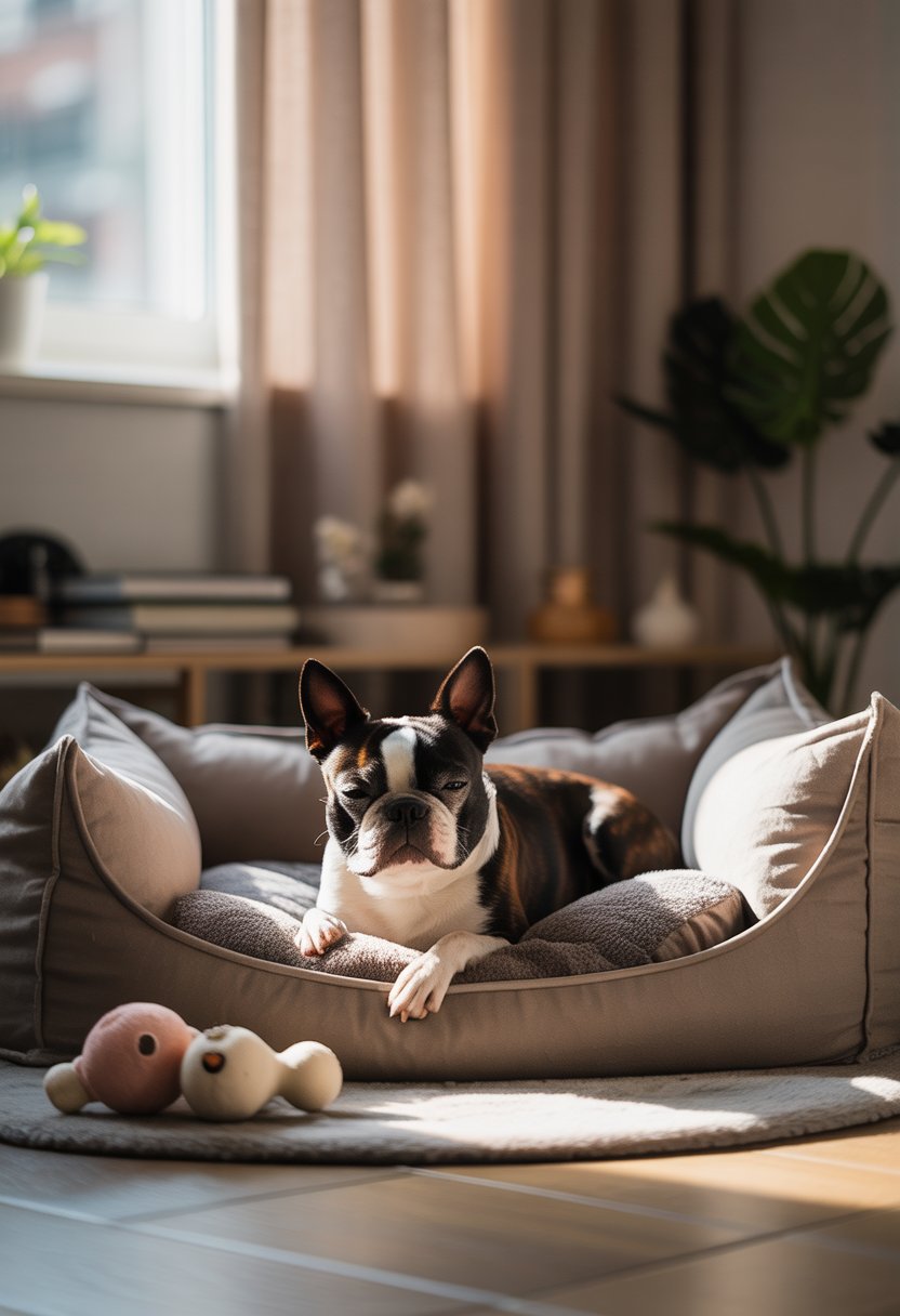 A Boston Terrier resting peacefully on a soft dog bed in a quiet, cozy corner of a room with natural light and calming surroundings.