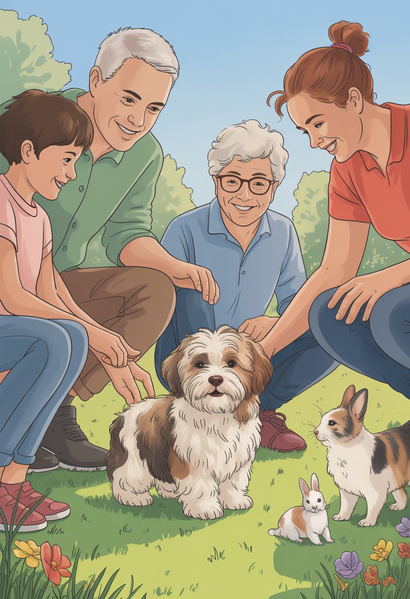 A Havanese dog calmly interacting with different people and pets in a park setting, showing positive socialization.