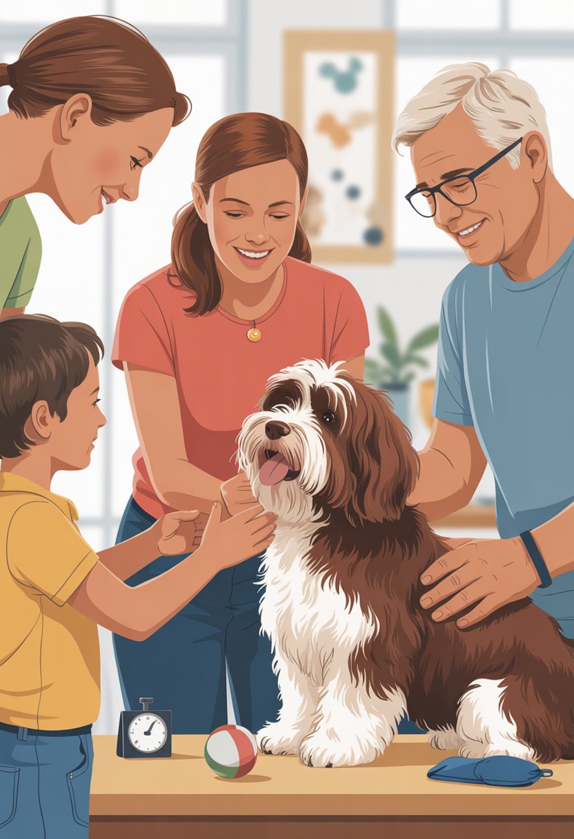 A Havanese dog happily interacting with people of different ages during a short socialization session in a bright, cozy indoor setting.