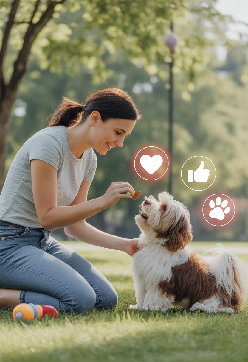 A person gently training a small Havanese dog outdoors in a peaceful park setting, showing kindness and patience.