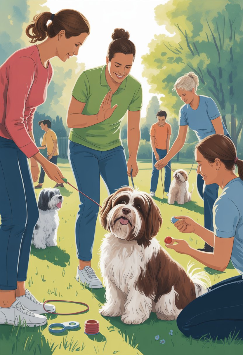 A Havanese dog happily interacting with people in a park as they practice positive socialization and training habits.