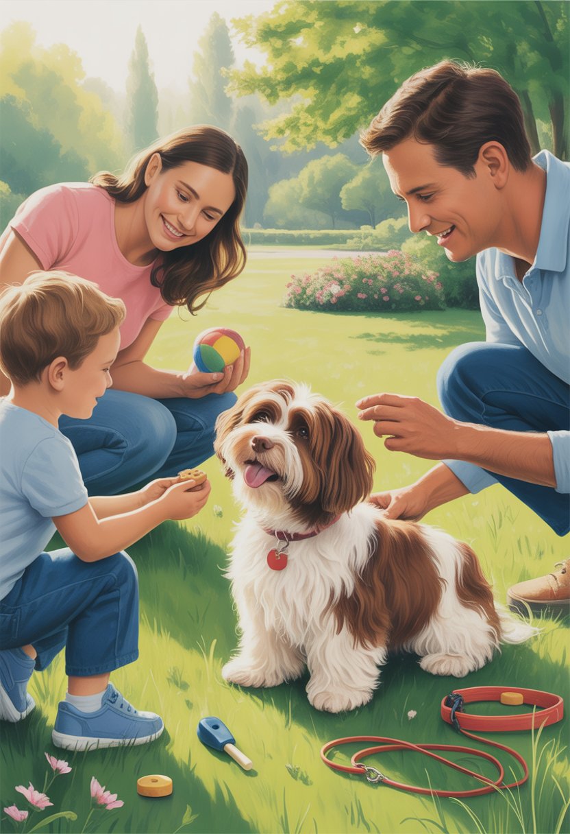 A Havanese dog happily interacting with people in a sunny park, including a child giving a treat and adults petting and playing with the dog.