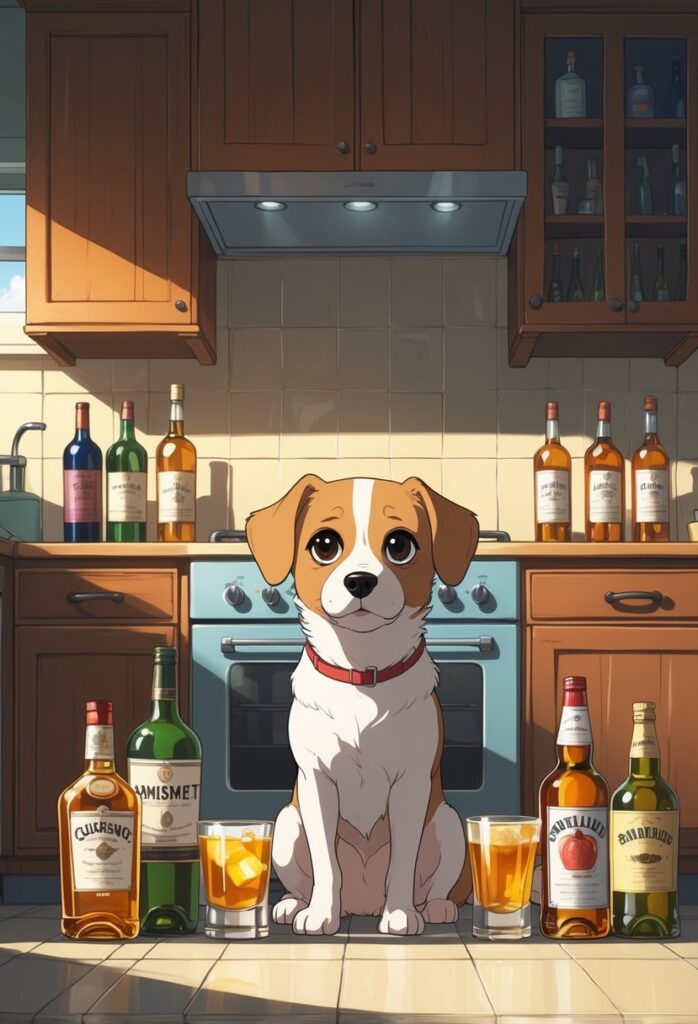 A dog sitting in a kitchen surrounded by alcoholic drinks that are harmful to dogs.