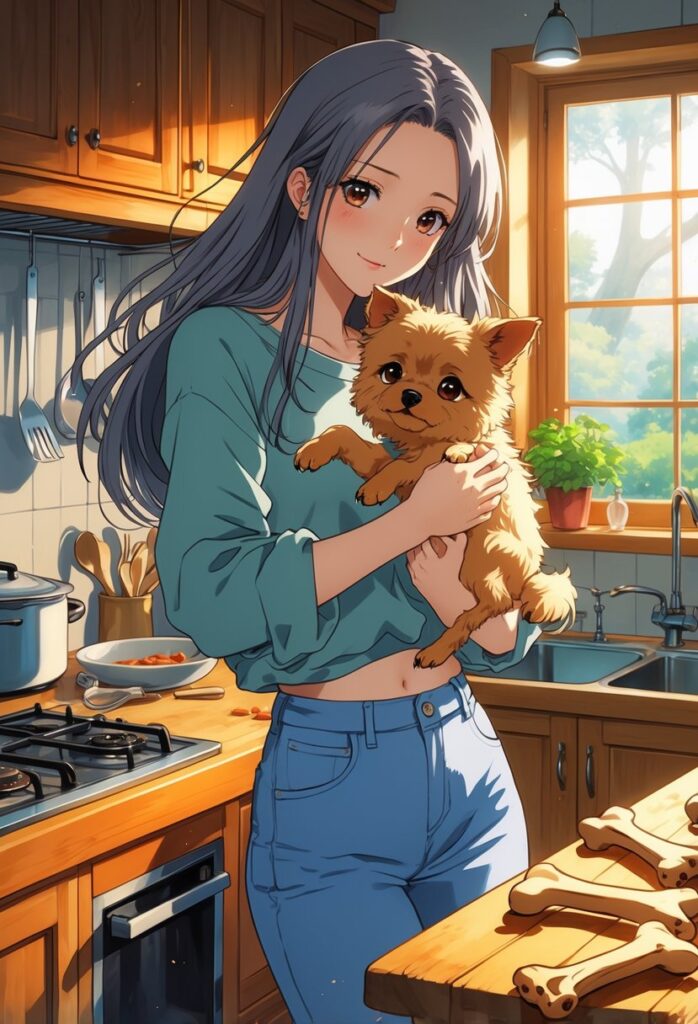 A young woman holding a small dog in a kitchen with cooked bones on the counter nearby.