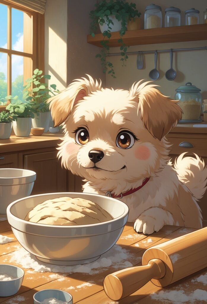 A small dog looks cautiously at raw dough in a bowl on a kitchen table.