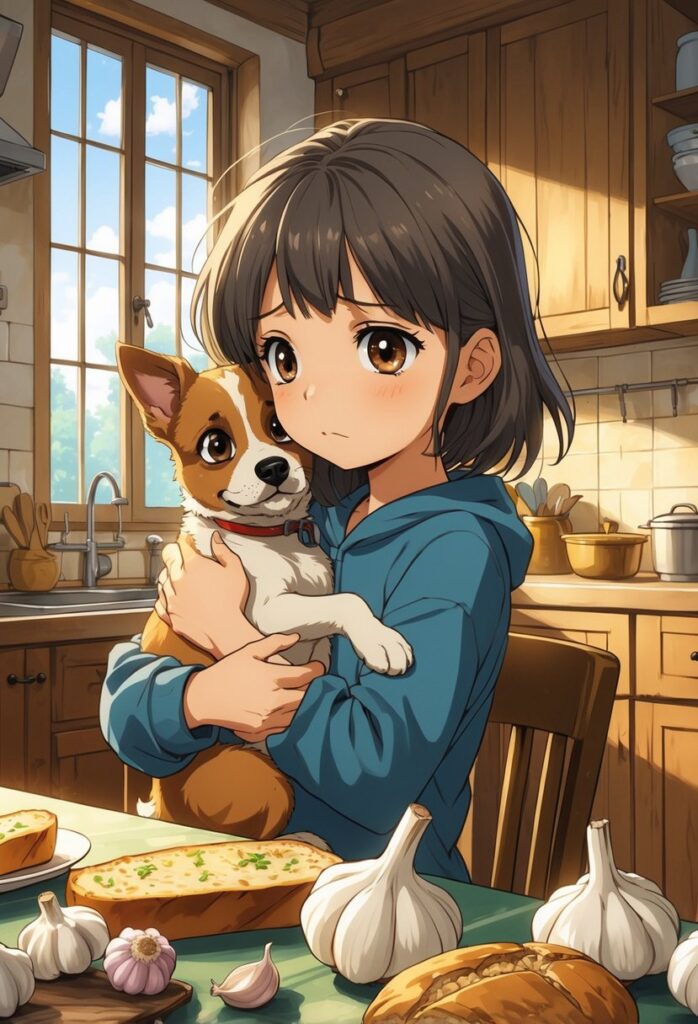 A young girl holding a small dog in a kitchen, surrounded by garlic and garlic foods, with both showing concern.